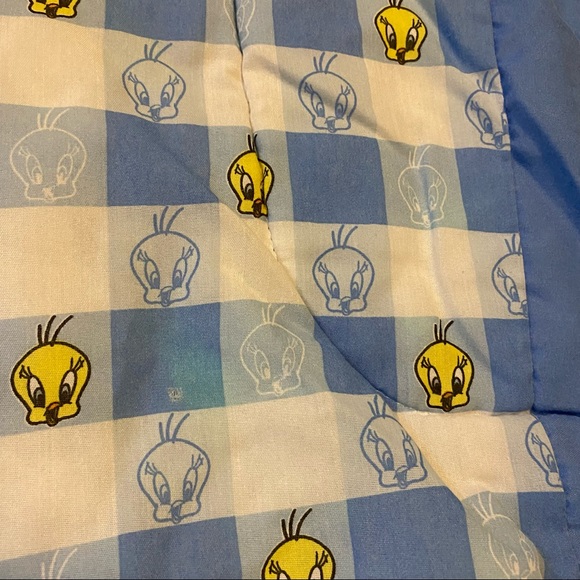 Vintage 1998 WB Looney Tunes Tweety Bird Reversible Blue Checkered 90s Comforter - Picture 5 of 7